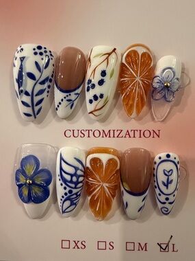 Handmade acrylic orange, blue, and white design press on nails